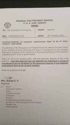 NEKEDEPOLY notice to students concerning signing of undertaking form for good conduct