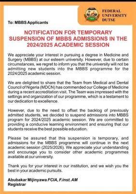 FUDUTSE notice on temporary suspension of MBBS admission, 2024/2025