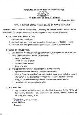 UI-ASUU indigent students Scholarship award, 2024/2025