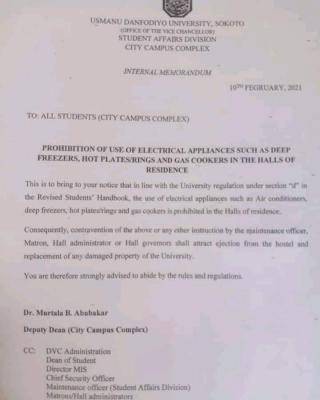 UDUS bans use of electrical appliances in Hostels