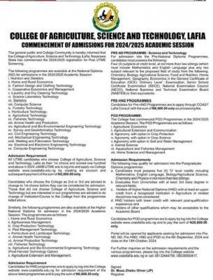 College of Agriculture, Science & Tech, Lafia releases admission form, 2024/2025