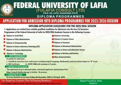 FULAFIA application for admission into Diploma Programmes for 2025/2026 Session