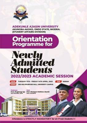 AAUA announces orientation ceremony for fresh students, 2022/2023