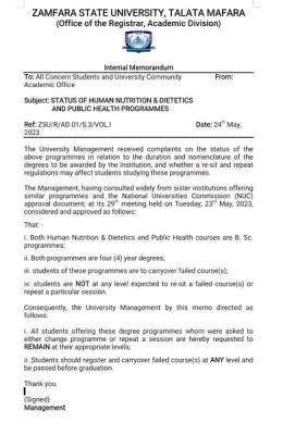 ZAMSU important notice on Status of Human Nutrition & Dietetics and Public Health Programmes