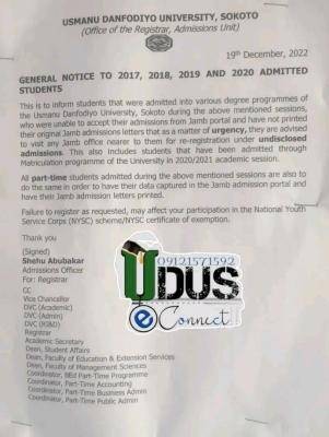 UDUSOK general notice to 2017, 2018, 2019 and 2020 admitted students