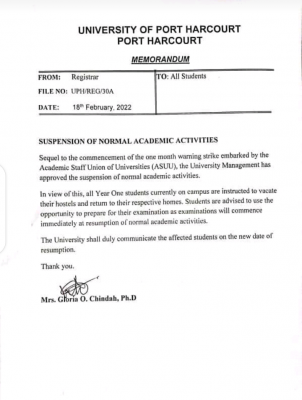 UNIPORT notice on suspension of normal academic activities