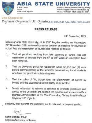 ABSU notice to students on decisions regarding payment of school fees