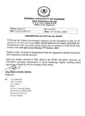 Federal University Kashere directs staff to resume