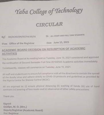 YABATECH announces resumption of academic activities