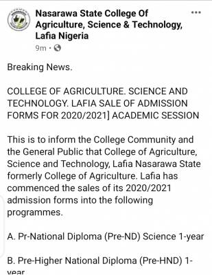 College of Agriculture, Science and Technology, Lafia admission for 2020/2021 session