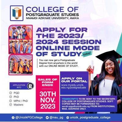 UNIZIK College of Postgraduate Studies extends application for online mode of study, 2023/2024