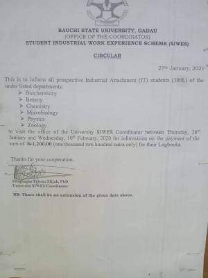 BASUG notice to prospective Industrial attachment (IT) students