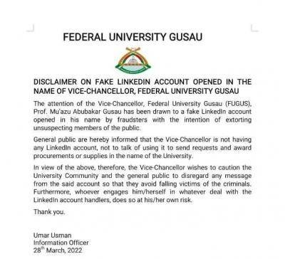 FUGusau disclaimer on fake LinkedIn VC account