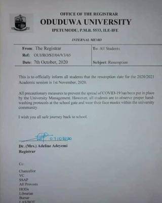 Oduduwa university resumption date