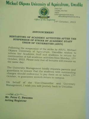 MOUAU announces resumption of academic activities