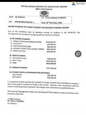 MOUAU revised schedule of students charges, 2022/2023 session