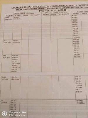 USCOEGA 2020/2021 first semester examination timetable