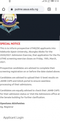 AAUA 2020 Post-UTME registration deadline and instructions to candidates