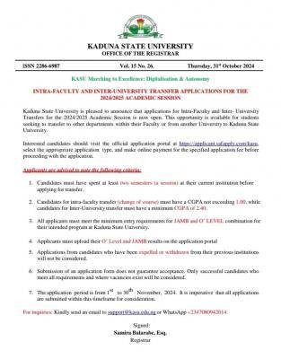 KASU announces Inter-Faculty & Inter-University transfer applications, 2024/2025