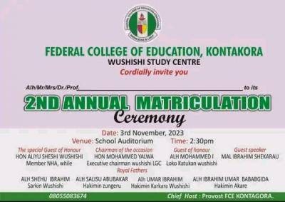 FCE Kontakora 2nd Annual Matriculation Ceremony to hold 3rd November, 2023