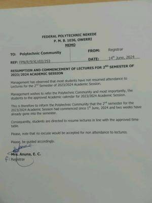 Fed Poly Nekede resumption & commencement of lectures for 2nd semester, 2023/2024