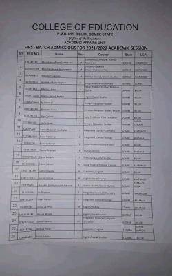 COE Billiri admission list, 2021/2022 session