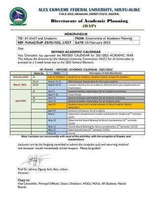 FUNAI revised academic calendar for 2021/2022 session