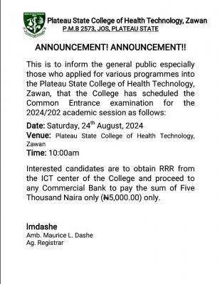 Plateau College Of Health Tech, Zawan entrance exam, 2024/2025