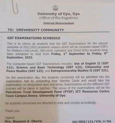 University of Uyo notice on GST examinations schedule, 2021/2022