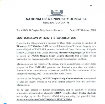 NOUN Osogbo Centre notice on continuation of 2020_1_e-exam