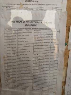 Fed Poly Ado-Ekiti ND FT admission list, 2022/2023 now on school's notice board