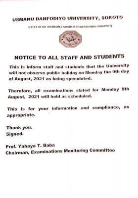 UDUSOK notice to staff and students on alleged public holiday on August 9th