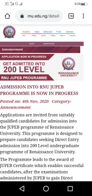 Renaissance University JUPEB admission form for 2020/2021 session