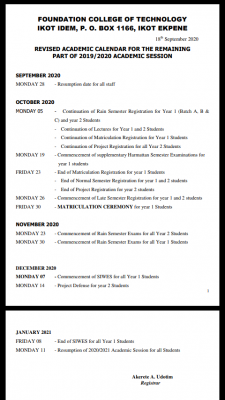 Foundation College of Technology resumption and academic calendar 2019/2020