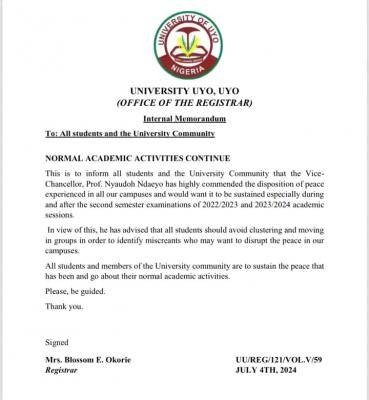 UNIUYO notice on continuation of academic activities