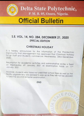 Delta State Polytechnic, Ozoro announces Christmas holiday