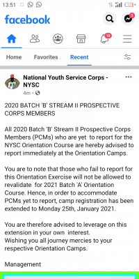 NYSC notice to 2020 Batch "B" stream II prospective corps members yet to report for orientation