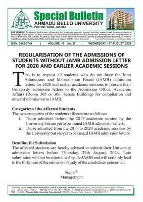 ABU notice on regularization of admissions of students without JAMB admission letter