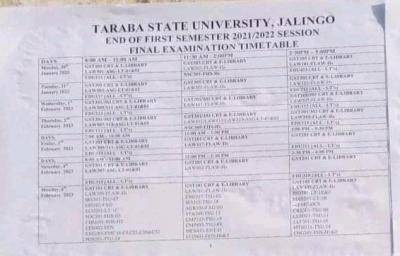 TASU 1st semester final examination timetable, 2021/2022