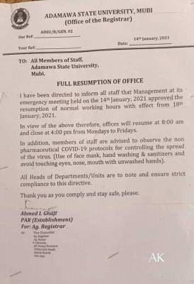 Adamawa state University full resumption notice to staff