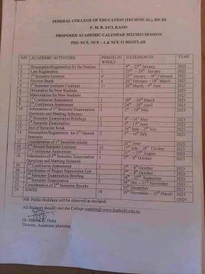 FCE (Technical) Bichi proposed academic calendar, 2022/2023