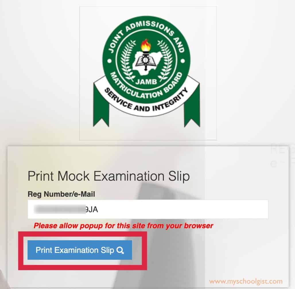 Click on Print Examination Slip to Access your Mock UTME slip