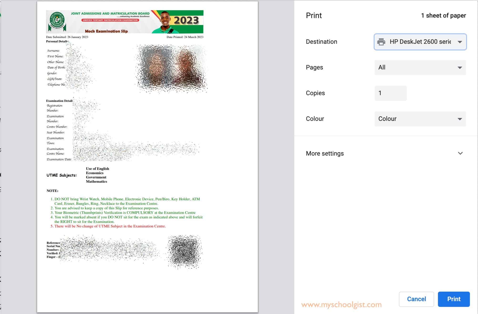 Print your Mock UTME slip