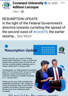 Covenant University notice on resumption