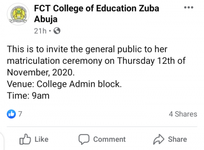 FCT College of Education Zuba matriculation date, 2019/2020