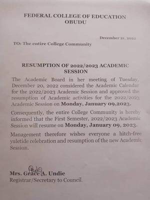 FCE Obudu notice on resumption of 2022/2023 academic session
