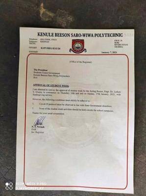 Ken Saro Wiwa Polytechnic SUG notice on students' week