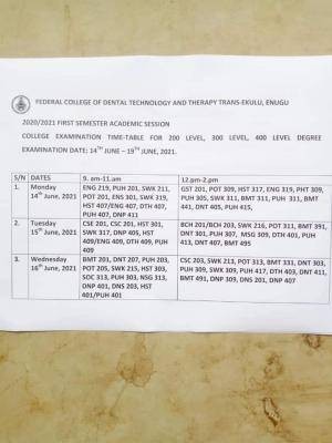 FEDCOTTEN 1st semester exam time-table for 2020/2021 session