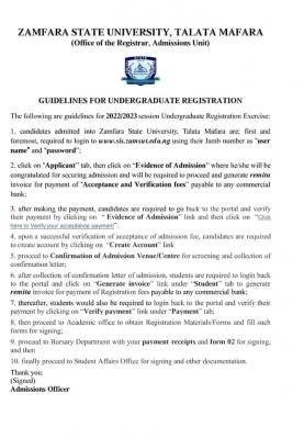 ZAMSU registration guidelines for newly admitted students, 2022/2023