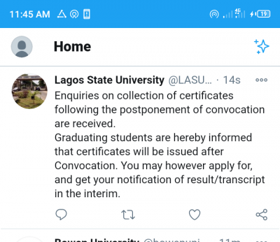 LASU notice to graduating students on collection of certificates